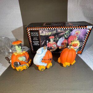 1997 Spooky Hollow Lighted Porcelain Halloween Pumpkin Express 3 Train Set (707)